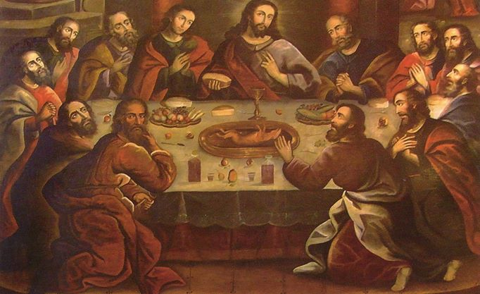 This painting hangs in a church in Peru and depicts guinea pig on the menu at the last supper